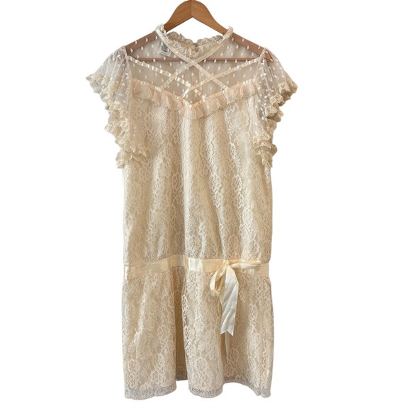 Vintage 70s 80s Gunne Sax Ivory Lace Dress Size M Drop Waist Cottage Romantic - Picture 1 of 11